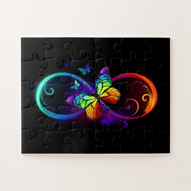 Vibrant infinity with rainbow butterfly on black jigsaw puzzle (Horizontal)