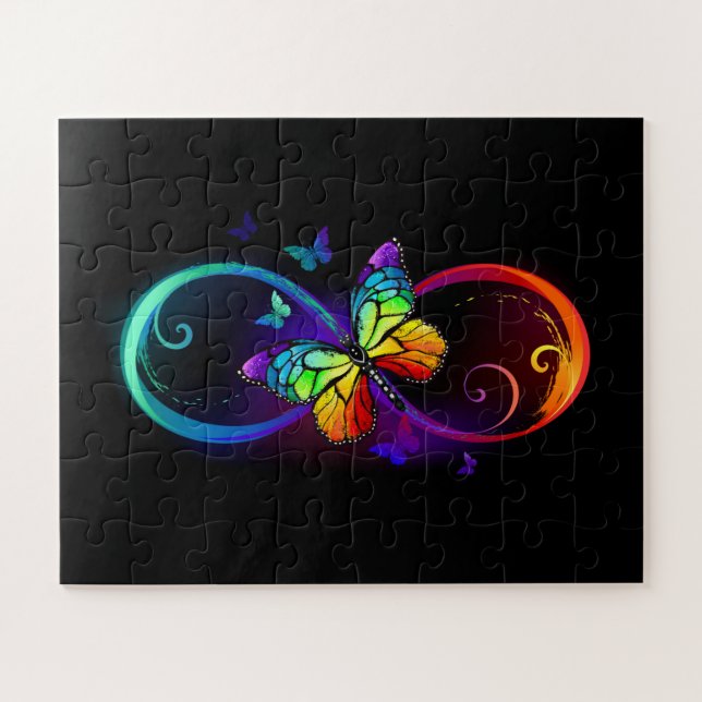 Vibrant infinity with rainbow butterfly on black jigsaw puzzle (Horizontal)