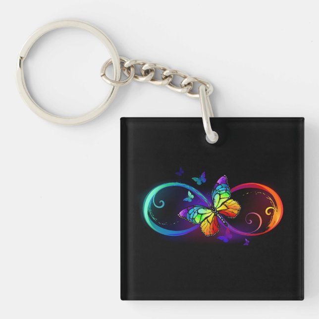 Vibrant infinity with rainbow butterfly on black  keychain (Front)