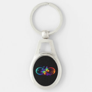 Vibrant infinity with rainbow butterfly on black  keychain