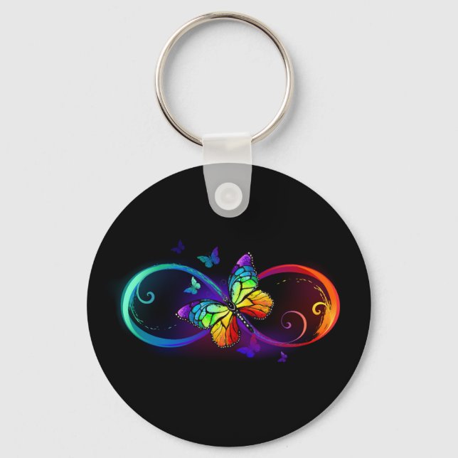 Vibrant infinity with rainbow butterfly on black keychain (Front)