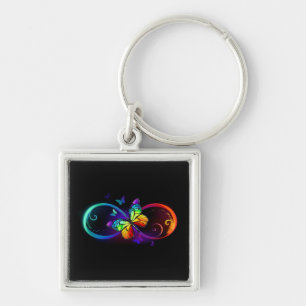 Vibrant infinity with rainbow butterfly on black keychain