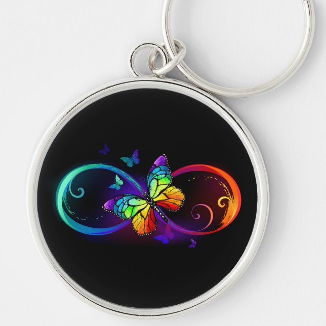 Vibrant infinity with rainbow butterfly on black keychain (Front)
