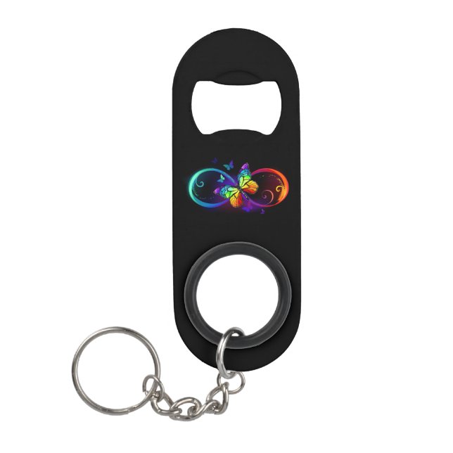 Vibrant infinity with rainbow butterfly on black keychain bottle opener (Front)