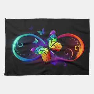 Vibrant infinity with rainbow butterfly on black kitchen towel