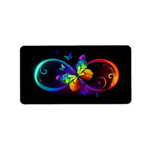 Vibrant infinity with rainbow butterfly on black label