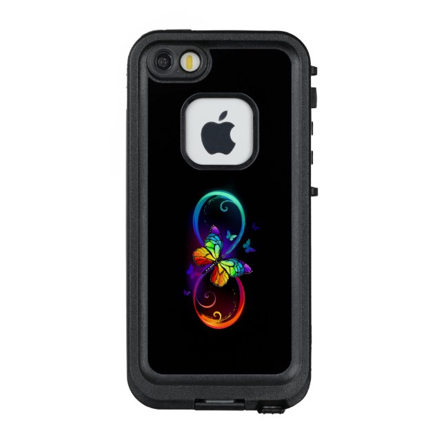 Vibrant infinity with rainbow butterfly on black LifeProof iPhone case (Back)