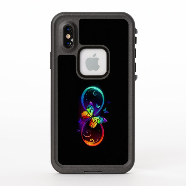 Vibrant infinity with rainbow butterfly on black LifeProof iPhone case (Back)