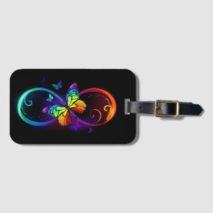 Vibrant infinity with rainbow butterfly on black luggage tag