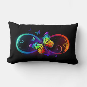 Vibrant infinity with rainbow butterfly on black  lumbar pillow