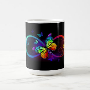 Vibrant infinity with rainbow butterfly on black magic mug