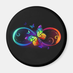 Vibrant infinity with rainbow butterfly on black magnet