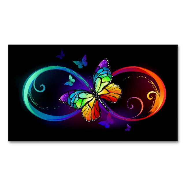 Vibrant infinity with rainbow butterfly on black  	Magnetic business card (Front)