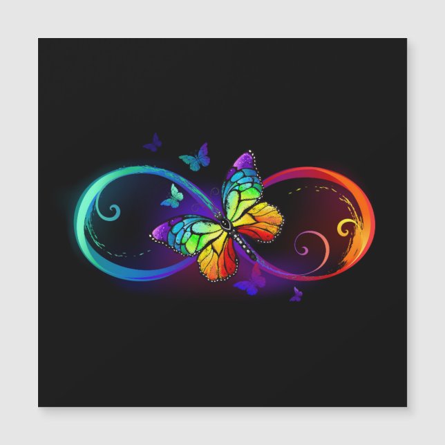 Vibrant infinity with rainbow butterfly on black magnetic invitation (Front)