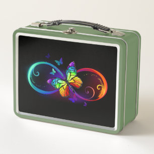Vibrant infinity with rainbow butterfly on black metal lunch box