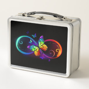Vibrant infinity with rainbow butterfly on black  metal lunch box