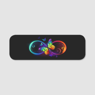 Vibrant infinity with rainbow butterfly on black name tag