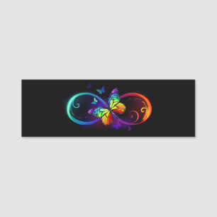 Vibrant infinity with rainbow butterfly on black name tag