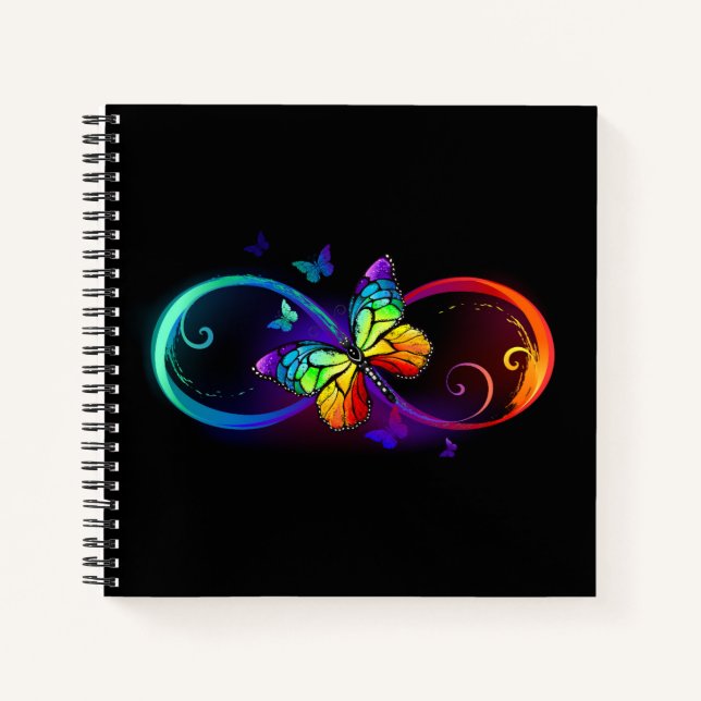 Vibrant infinity with rainbow butterfly on black  notebook (Front)