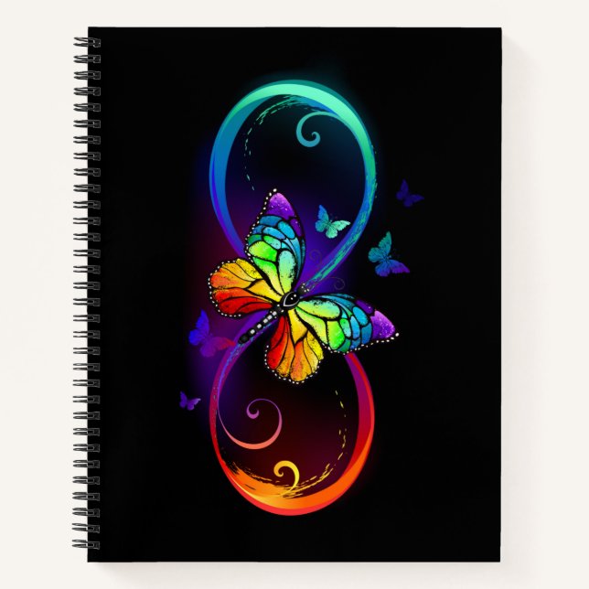Vibrant infinity with rainbow butterfly on black notebook (Front)