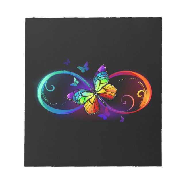 Vibrant infinity with rainbow butterfly on black notepad (Front)