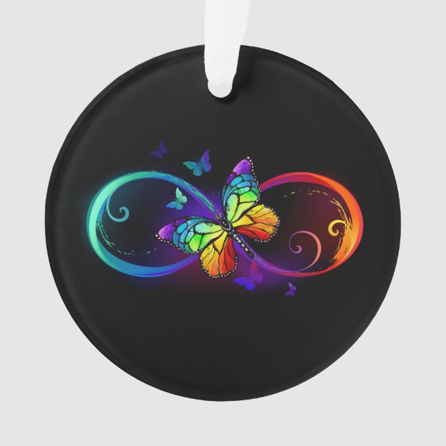 Vibrant infinity with rainbow butterfly on black ornament (Front)