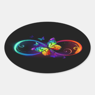 Vibrant infinity with rainbow butterfly on black oval sticker