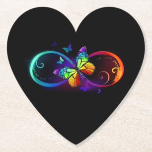 Vibrant infinity with rainbow butterfly on black paper coaster