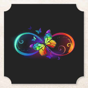 Vibrant infinity with rainbow butterfly on black paper coaster