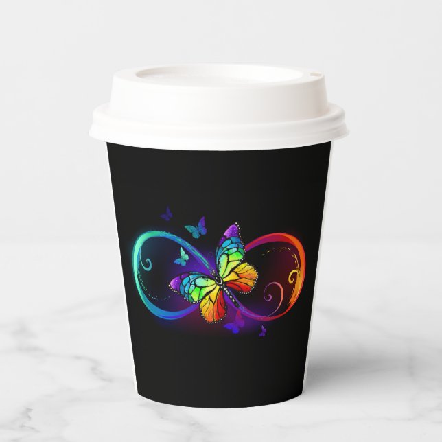 Vibrant infinity with rainbow butterfly on black paper cups (Front)