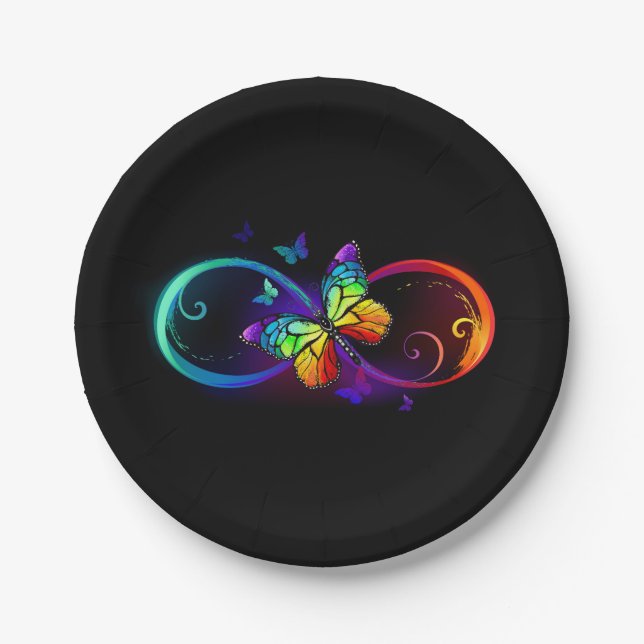 Vibrant infinity with rainbow butterfly on black paper plate (Front)