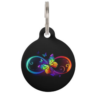 Vibrant infinity with rainbow butterfly on black  pet tag