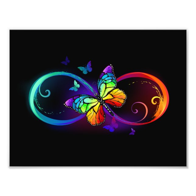 Vibrant infinity with rainbow butterfly on black photo print (Front)