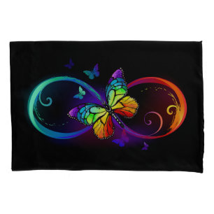 Vibrant infinity with rainbow butterfly on black pillowcase