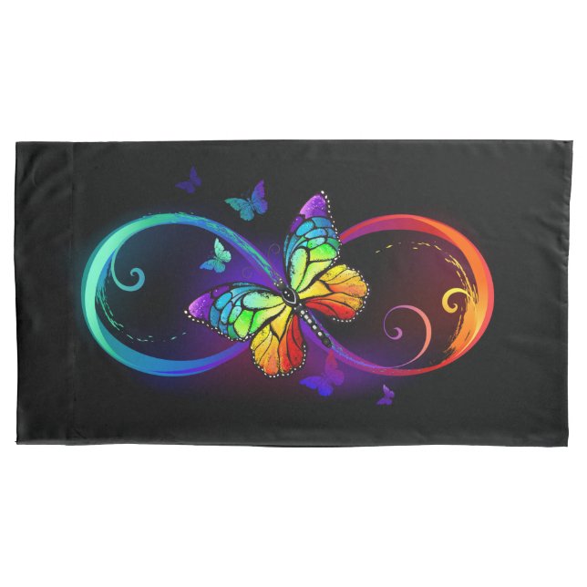 Vibrant infinity with rainbow butterfly on black pillowcase (Front-Left)