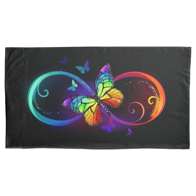 Vibrant infinity with rainbow butterfly on black pillowcase (Front)