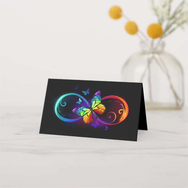 Vibrant infinity with rainbow butterfly on black  place card (Front)