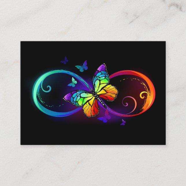 Vibrant infinity with rainbow butterfly on black place card (Front)
