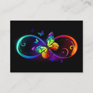 Vibrant infinity with rainbow butterfly on black place card
