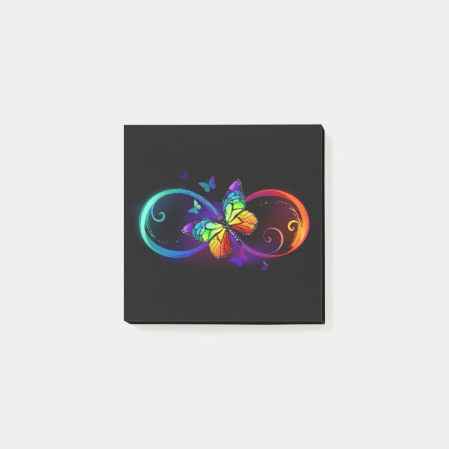 Vibrant infinity with rainbow butterfly on black  post-it notes (Front)