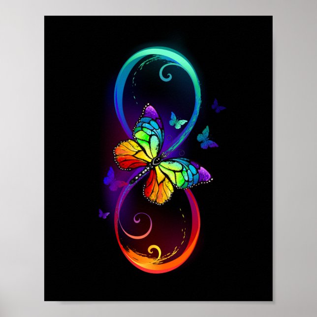 Vibrant infinity with rainbow butterfly on black poster (Front)