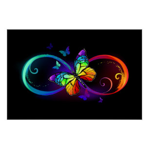 Vibrant infinity with rainbow butterfly on black poster