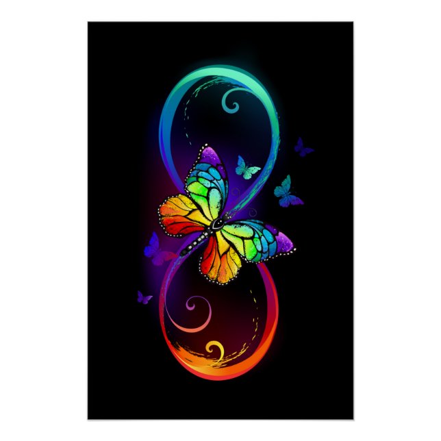 Vibrant infinity with rainbow butterfly on black poster (Front)