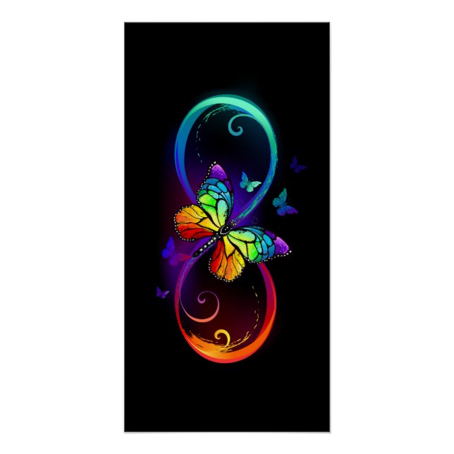 Vibrant infinity with rainbow butterfly on black poster (Front)
