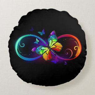 Vibrant infinity with rainbow butterfly on black round pillow