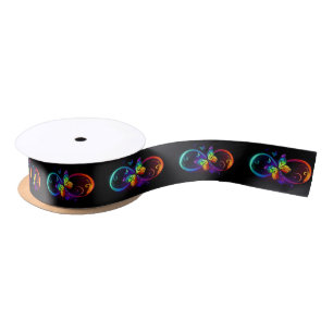 Vibrant infinity with rainbow butterfly on black  satin ribbon