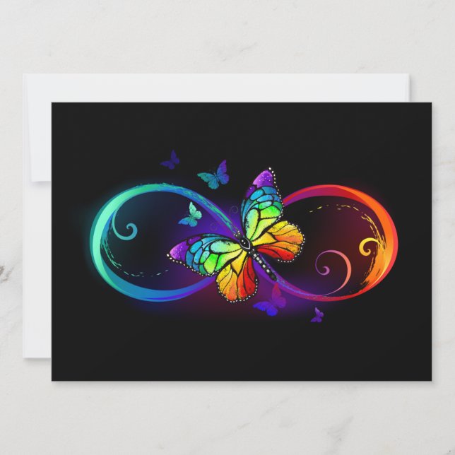 Vibrant infinity with rainbow butterfly on black save the date (Front)