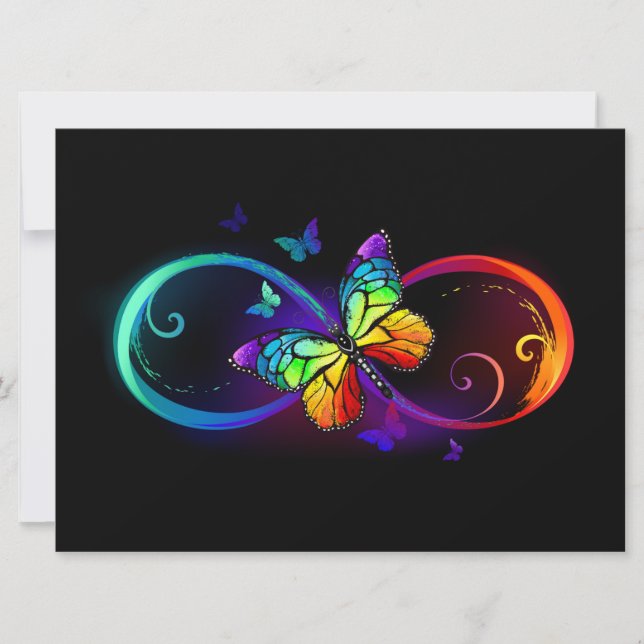 Vibrant infinity with rainbow butterfly on black  save the date (Front)