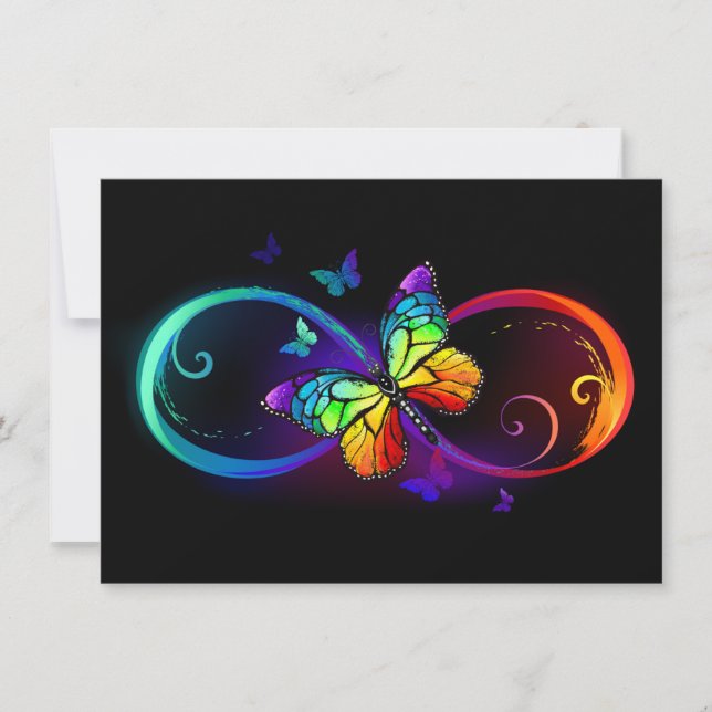 Vibrant infinity with rainbow butterfly on black save the date (Front)