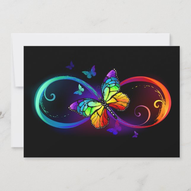 Vibrant infinity with rainbow butterfly on black save the date (Front)